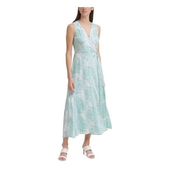CALVIN KLEIN Womens Green Tie Printed Long Sleeve Surplice Neckline Knee Length Faux Wrap Dress main image 1